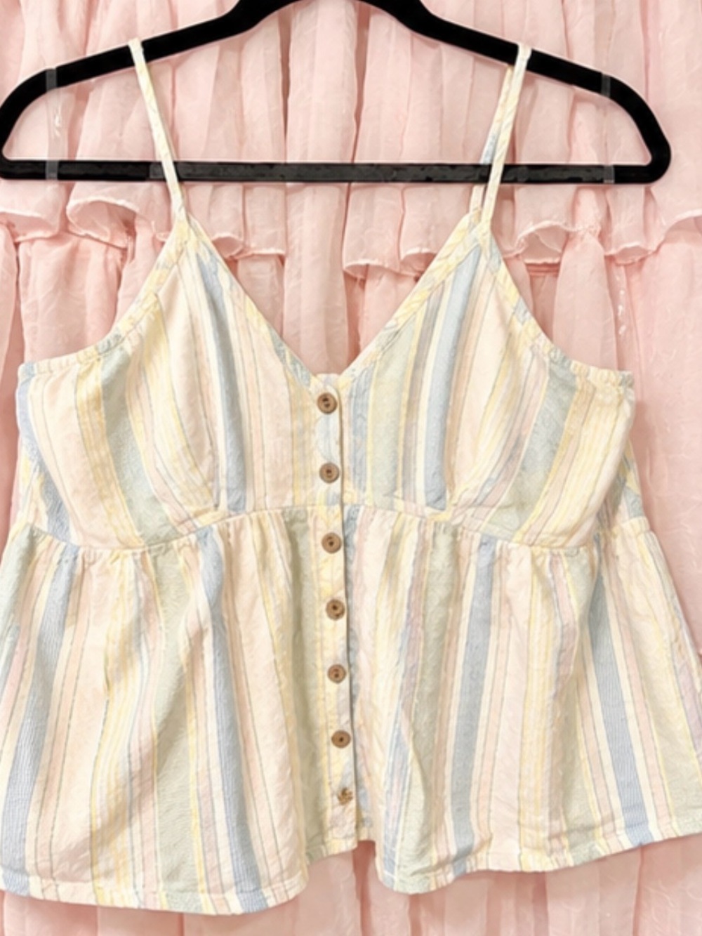 Very Striped Pastel Button-Front Spaghetti Strap Top - Pastel Yellow & Blue